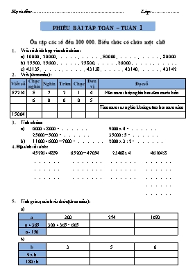 Phiếu bài tập Tuần 1 môn Toán Lớp 4